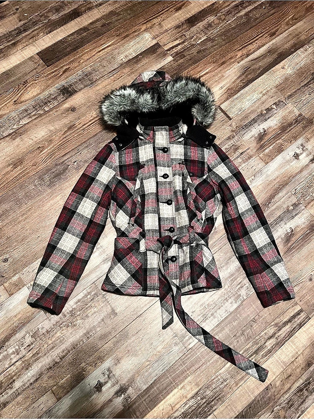 Triple Five Soul Y2K Plaid Faux Fur Hood Belted Jacket M